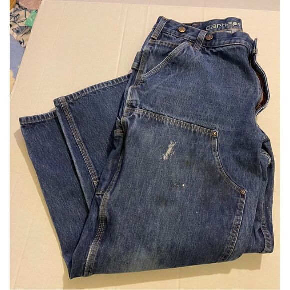 Distressed Carhartt Double knee Blue Denim Pants  Relaxed Fit Rugged Flex Utilit - Picture 2 of 16